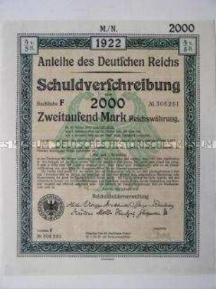 Obligation des Deutschen Reichs über 2000 Mark mit Erneuerungsschein und Zinsscheinen