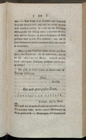 Ein und zwanzigster Brief. Lovelace an Belford. - Fünf und zwanzigster Brief. Clarissa an Fräulein Howe.