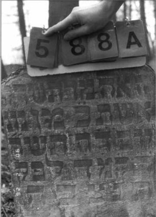 Grabstein 588 (Index: 100115302) Material: Sandstein Zustand: verwittert Maße HxBxT: 74x48x13 cm Beschreibung: Stele mit Rundbogenabschluß: Grabstein 588A