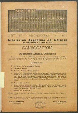 Asociación Argentina de Actores : (De Proteccion y Ayuda Mutua) - Convocatoria - Asamblea General Ordinaria