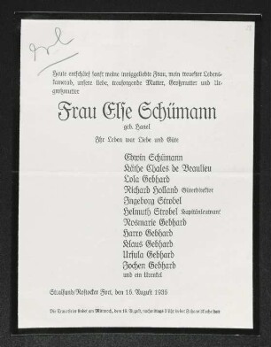 Brief von Edwin Schümann, Käthe Chales de Beaulieu, Lola Gebhard, Richard Holland, Ingeborg Strobel, Helmuth Strobel, Rosmarie Gebhard, Harro Gebhard, Klaus Gebhard, Urslua Gebhard und Jochen Gebhard an Gerhart Hauptmann