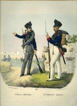 Uniformdarstellung, Pionier der 2. Pionier-Abteilung, Infanterist des 14. Infanterie-Regiments, Preußen 1830. Aus: Elzholz u.a.: Das Preussische Heer. Tafel 29.