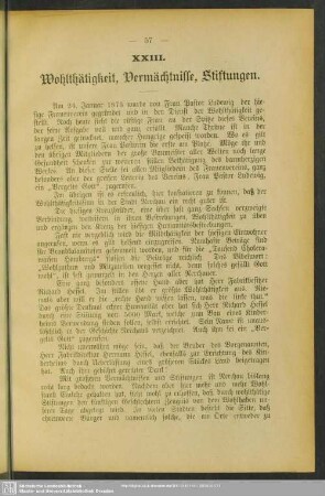 XXIII. Wohlthätigkeit, Vermächtnisse, Stiftungen