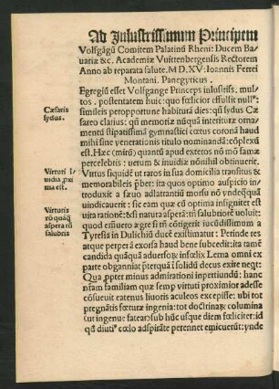 Ad Inlustrissimum Prinipem Volfgangum Comitem Palatinum Rheni: Ducem Bavariae ... Ioannis Ferrei Montani. Panegyricus.