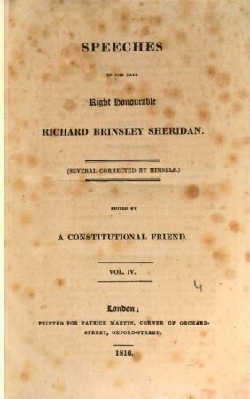 Speeches of the late Right Honourable Richard Brinsley Sheridan. 4