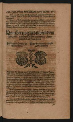 Wappen. Philippus Hertzog zu Braunschweig. und Clara Geborne Hertzogin zu Braunschweig.