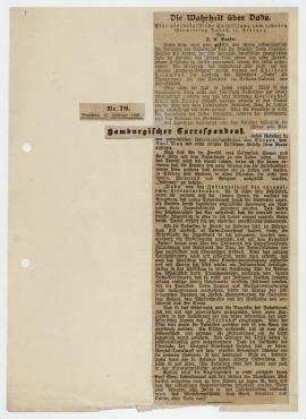 Die Wahrheit über Dada Eine oberdadaistische Enthüllung zum zehnten Geburtstag Dadas, 16. Februar. In: Hamburgischer Correspondent, [Hamburg] 16.2.1926, Nr. 78