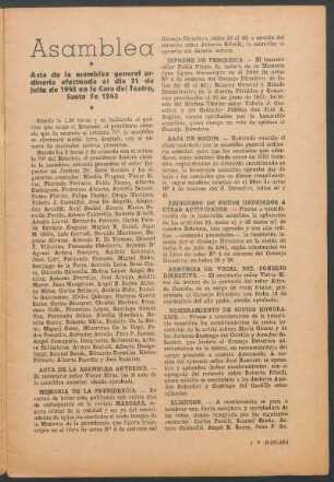 Asamblea : Acta de la asamblea general ordinaria efectuada el dia 31 de julio de 1941 en la Cas del Teatro, Santa Fe 1234