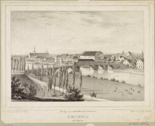 Grimma südöstlich von Leipzig mit der Pöppelmannsbrücke, der Augustinerkirche und dem Schloss, Blick über die Mulde aus nordöstlicher Richtung