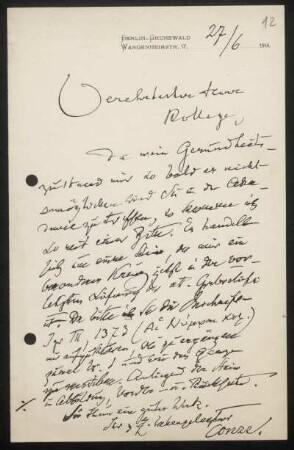 Nr. 12: Brief von Alexander Conze an Ulrich von Wilamowitz-Moellendorff, Berlin, 27.6.1914