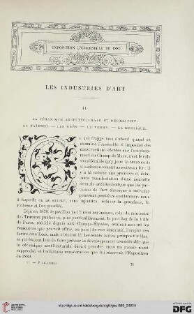 3. Pér. 2.1889: Les industries d'art, 2, La céramique architecturale et décorative, la fai͏̈ence, les grès, le verre, la mosai͏̈que : Exposition Universelle de 1889
