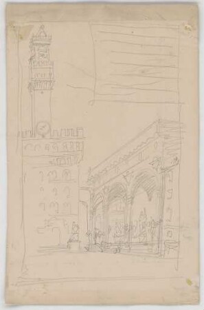 Bauernfeind, Gustav; Italien; Österreich; Schweiz; Studien- und Reiseskizzen - Piazza della Signora mit Pallazzo Vecchio u. Loggia de' Lanzi in Florenz (Perspektive)