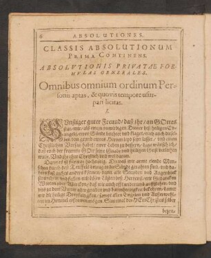 Classis Absolutionum Prima Continens Absolutionis Privatae Formulas Generales.