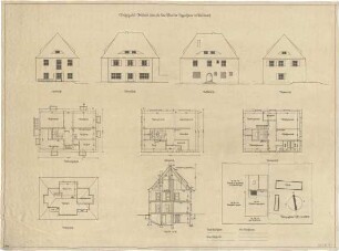Fick, Roderich; Lautrach bei Memmingen; Wohnhaus Frau Dr. Martin - Oppenheim - Ansichten; Grundrisse; Schnitt; Lageplan