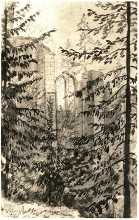 Ruine Oybin mit Laubbäumen im Vordergrund : Carus, Carl Gustav: Ruine Oybin mit Laubbäumen im Vordergrund. Zeichnung. 12. August 1820. Dresden: Staatliche Kunstsammlungen Dresden (SKD), Kupferstich-Kabinett