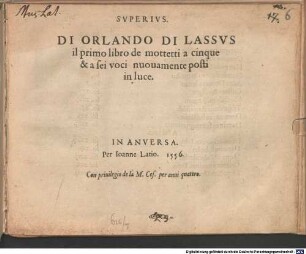 DI ORLANDO DI LASSVS il primo libro de motetti a cinque & a sei voci