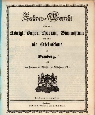 Jahres-Bericht über das Königl. Bayer. Lyceum, Gymnasium und über die Lateinische Schule zu Bamberg, 1851/52 (1852)