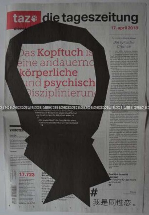 Tageszeitung "taz. die tageszeitung" mit Titel zur Debatte um ein Kopftuchverbot in Deutschland