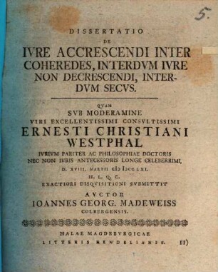Dissertatio De iure accrescendi inter coheredes, interdum iure non decrescendi, interdum secus