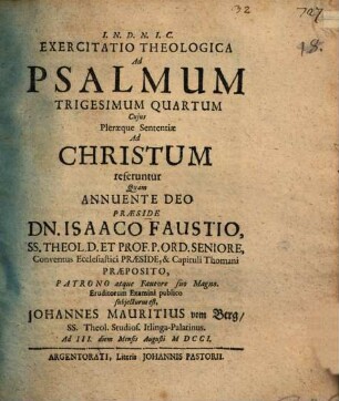 Exercitatio theol. ad Psalmum trigesimum quartum, cuius pleraeque sententiae ad Christum referuntur