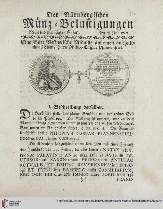 Neun und zwanzigstes Stück. Eine schöne Medaille auf einen ansehnlichen JCtum, Herrn Philpp Caspar Pfannenstiel