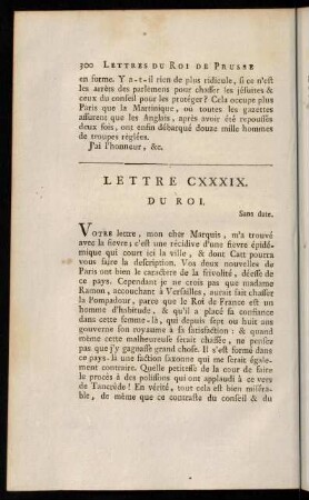 300-320, Lettre CXXXIX. du Roi.-Lettre CLI. du Marquis D'Argens.