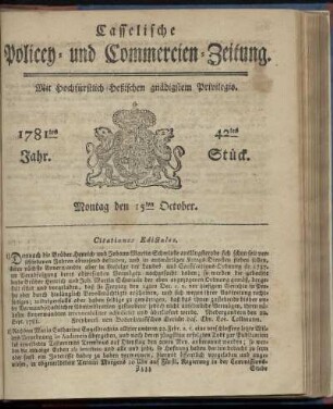 1781tes Jahr. 42tes Stück. Montag den 15ten October