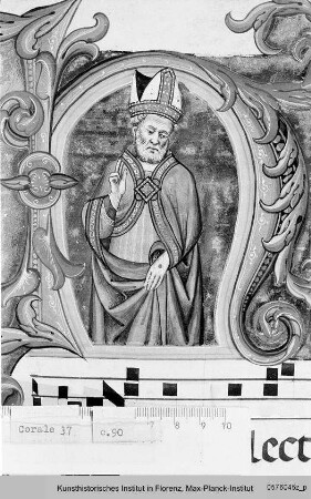 Buchseite mit Text, Neumen und historisierter Initiale H, darin der Heilige Bischof Martin - Corale
