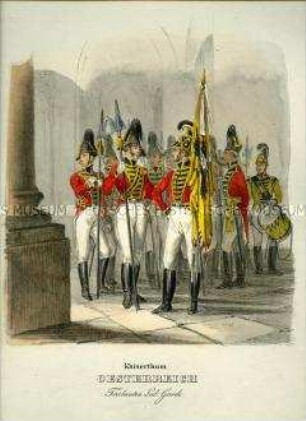 Uniformdarstellung, Trabanten-Leibgarde mit Fahnenträger, Kaiserreich Österreich, 1835. Tafel 177 aus: Eckert/Monten: Das deutsche Bundesheer.