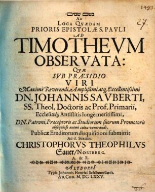 Ad loca quaedam prioris epistolae S. Pauli ad Timotheum observata