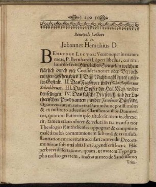 Benevolo Lectori S.D. Johannes Henichius D.