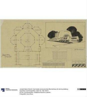 Darmstadt, provisorisches Blumenhaus für die Ausstellung, Grundriss und Perspektive