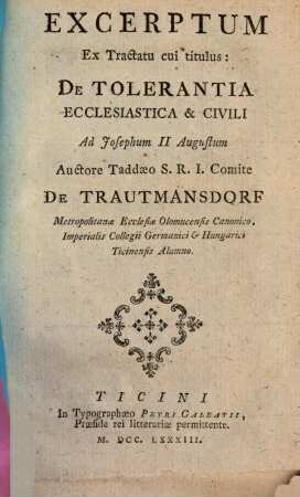Excerptum Ex Tractatu cui titulus: De Tolerantia Ecclesiastica & Civili : Ad Josephum II. Augustum