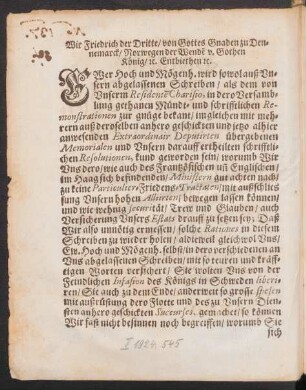 Wir Friedrich der Dritte/ von Gottes Gnaden zu Dennemarck/ Norwegen der Wende[n] v. Gothen König/ [et]c. Entbiethen [et]c.
