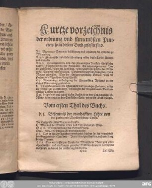 Kurtze vorzeichnis der ordnung und fürnembsten Puncten/ so in diesem Buch gefasset sind.