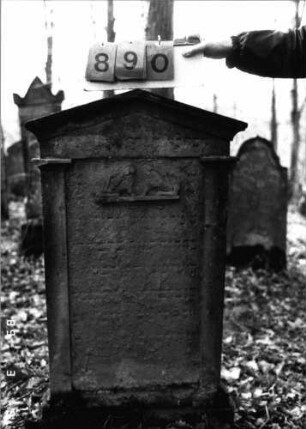 Grabstein 890 (Index: 99751183) Material: Sandstein Zustand: stark abgeblätt/verwitt/großer Textverl. Maße HxBxT: 109x57x8 cm Beschreibung: ädikulaart. St. m. Pilastern, profil. Sock. , giebelart. Abschl. m. Verdach. , Symbolik: hockendes zugewendetes Löwenpaar: Grabstein 890
