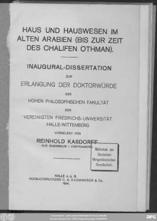 Haus und Hauswesen im alten Arabien (bis zur Zeit des Chalifen Othman)