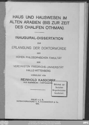 Haus und Hauswesen im alten Arabien (bis zur Zeit des Chalifen Othman)