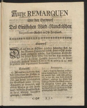 Kurtze Remarquen über den Entwurf Des Gräflichen Wied-Runckelschen Successions-Rechts in Ost-Frießland