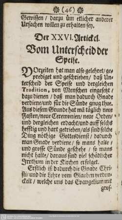 Der XXVI. Artickel. Vom Unterscheid der Speise