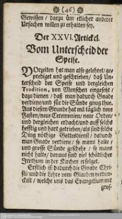 Der XXVI. Artickel. Vom Unterscheid der Speise