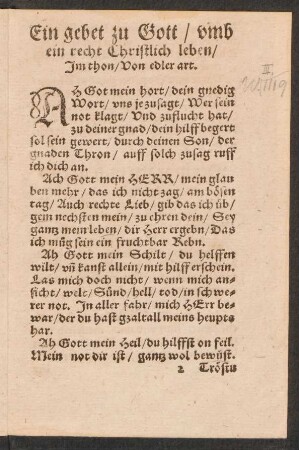 Ein gebet zu Gott/ vmb || ein recht Christlich leben/ || Jm thon/ Von edler art. ||