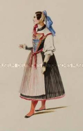 Frau mit rot-weiß gestreifter Schürze und Kopfputz mit blauer Schleife - Tafel aus Franceschini/Kostümbilder (Kassette 1)
