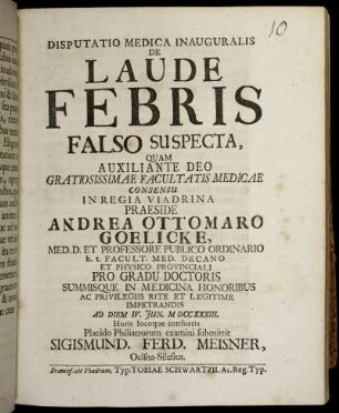 Disputatio Medica Inauguralis De Laude Febris Falso Suspecta