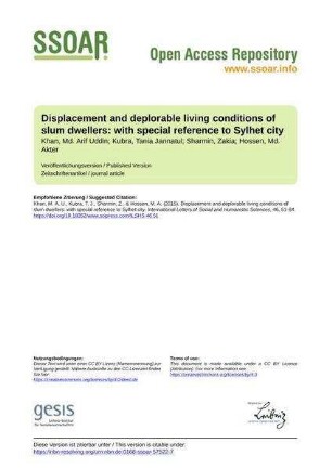 Displacement and deplorable living conditions of slum dwellers: with special reference to Sylhet city