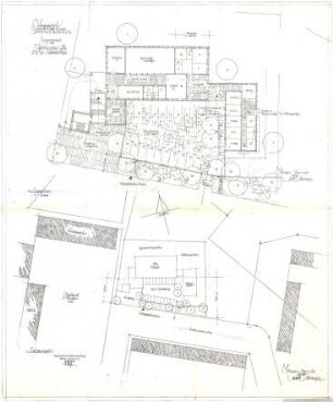 Gsaenger, Gustav; München - Fürstenried; Ev. Andreas Kirche, Pfarrhaus und Siedlung Fürstenried 2 - Kirche, Sockelgeschoss (Grundriss), Tekturplan für PKW-Abstellplätze (Lageplan)