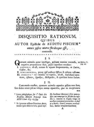 Disquisitio Rationum quibus Autor Epistolae de Auditu Piscium omnes pisces mutos surdosque esse contendit