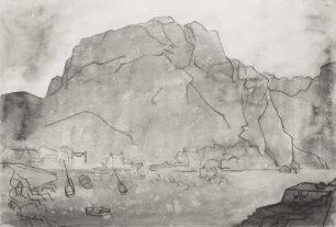 Konstruktiver See mit Booten vor Häusern und Zentralberg (Schottland)