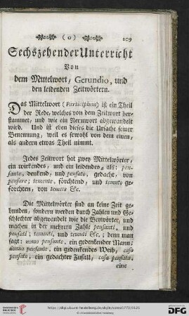Sechszehender Unterricht: Von dem Mittelwort, Gerundio, und leidenden Zeitwörtern