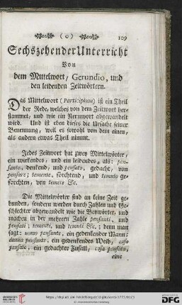 Sechszehender Unterricht: Von dem Mittelwort, Gerundio, und leidenden Zeitwörtern